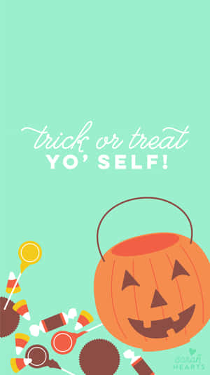 裝滿糖果的萬聖節桶，上面寫著 trick or treat yo self