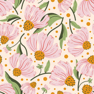 粉紅色波斯菊、綠色葉子和橙色圓點，背景為奶油色。 — iPad 第10代 壁紙