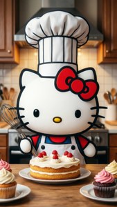 Hello Kitty 廚師在廚房櫃檯上拿著打蛋器，旁邊有蛋糕和紙杯蛋糕