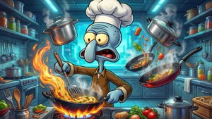 Squidward 戴廚師帽恐慌地烹飪，起火的鑊和飛舞的鍋子在廚房