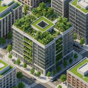 城市中帶有綠色屋頂和垂直花園的現代玻璃建築