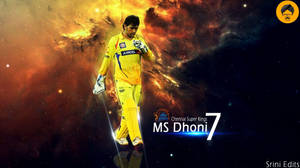 板球運動員 MS Dhoni 身穿黃色球衣，背景為宇宙星雲。