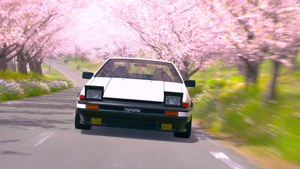 白色豐田AE86在春天櫻花夾道的道路上飛馳