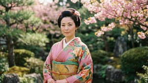 日本花園櫻花下穿著傳統和服的女性。