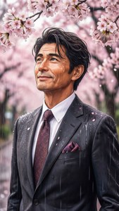 男子穿西裝在櫻花下淋雨，外套上有花瓣