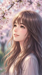 長棕色長髮的年輕女性在櫻花樹下微笑