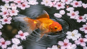 一條金魚在水中游動，周圍漂浮著櫻花。