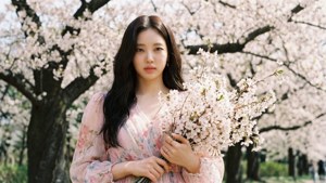 女子在春日花園中盛開的樹下手持櫻花花束