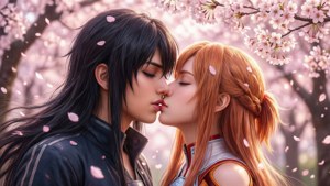 動漫情侶在櫻花樹下接吻，花瓣飄落