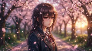 動漫女孩穿著校服站在櫻花下，花瓣飄落，柔和夕陽光