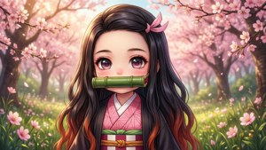 穿著粉紅色和服的動漫女孩在櫻花下拿著竹笛