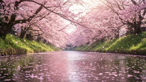 櫻花樹排列在平靜的運河旁，花瓣漂浮在水面上。
