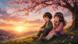 兩個孩子坐在櫻花樹下，夕陽西下，草地上