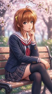 動漫女孩穿水手服坐在櫻花下的長椅上