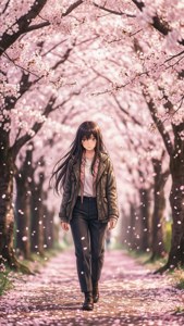 動漫女孩在櫻花樹下行走，花瓣飄落。