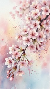 粉紅櫻花枝條，配以柔和的水彩背景和飛濺。