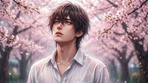 年輕男子濕髮站在雨中櫻花樹下