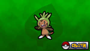 Chespin 寶可夢角色在綠色背景上戴著葉子帽微笑。