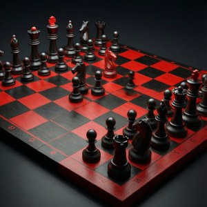 一個棋盤，帶有黑色和紅色棋子，在戲劇性的燈光下排列好準備遊戲。