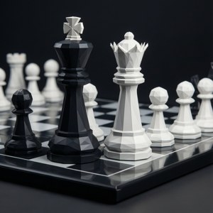 反光棋盤上的低多邊形黑白棋子
