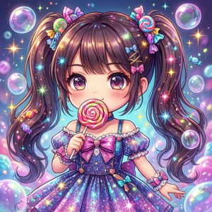 穿著閃亮裙子的動漫女孩，手持巨大棒棒糖，伴隨著漂浮的泡泡和星星。 — Tecno Phantom V Flip 壁紙