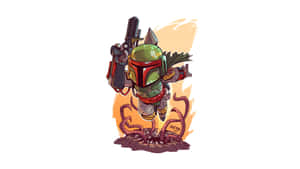 Chibi Boba Fett 從爆炸中躍起，高舉爆能槍。 — 星際大戰 壁紙