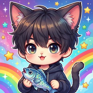 Q版動漫男孩貓耳拿著魚在彩虹和星星下