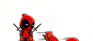 Chibi Deadpool 持劍面對紅色手套的拳擊，漫畫風格。 — 超寬螢幕 壁紙