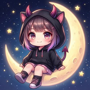 一個可愛的動漫女孩帶著惡魔角坐在星空下的新月上。