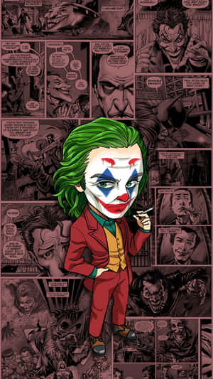 Chibi Joker 身穿紅色西裝，叼著煙，在漫畫面板背景前冷笑。 — 小丑 壁紙