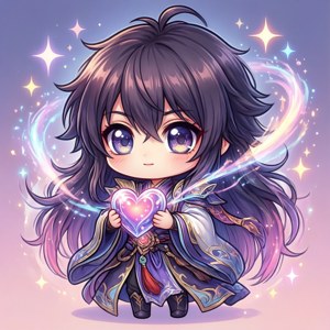 紫髮Q版動畫魔法師手持發光心形，被魔法閃光包圍