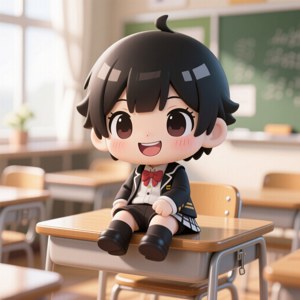 Q版動畫男孩穿著校服坐在教室桌上微笑
