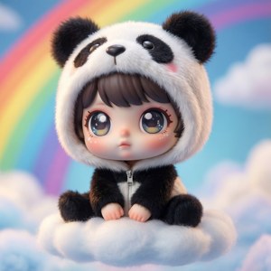 穿著熊貓服裝的孩子坐在彩虹下的雲端上