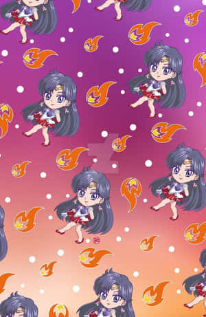 在漸變背景上重複的 Chibi Sailor Mars 動漫角色和火焰符號。 — 美少女戰士 壁紙