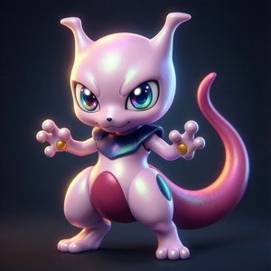 一隻粉紅色的Mewtwo，眼睛發光，尾巴彎曲，站在深色背景前。