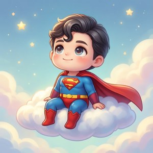 可愛的超人坐在星空的雲朵上微笑。 — Huawei nova Flip 壁紙