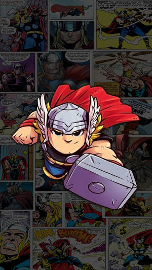 Chibi Thor 手持錘子，身後有漫畫面板。 — 美學拼貼 壁紙