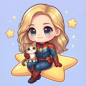 Chibi 驚奇隊長在星星上抱著貓，背景有星星。 — Pixel Watch 5 壁紙