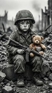 穿著軍裝的小孩在戰爭廢墟中手持步槍和泰迪熊