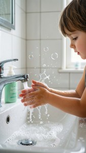 小孩在浴室洗手盆中用肥皂和水洗手。