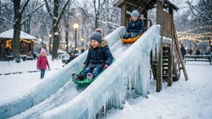 孩子們在雪地公園裡滑下結冰的冰滑梯，周圍有串燈。