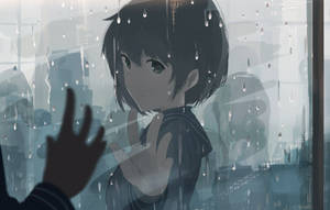 一個悲傷的動漫女孩看著下雨的窗外，一隻手按壓著玻璃。 — 可愛動漫女仔 壁紙