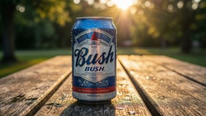 陽光普照的公園中，木製野餐桌上的冰凍Bush啤酒罐