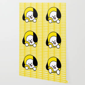 在黃色背景上重複的卡通狗，帶有文字。
