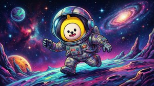 一個卡通太空人在星空宇宙天空下探索色彩繽紛的外星行星，天空中有星系和星雲。