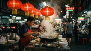 廚師在紅燈籠下的煙霧瀰漫夜市中烹飪