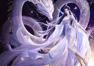 一位身穿飄逸長袍的女子，在宇宙紫色場景中站在一頭白龍旁邊。