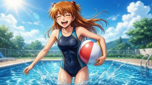 動漫女孩穿著藍色泳衣，在陽光明媚的日子裡拿著沙灘球在游泳池中嬉水