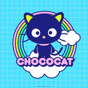 Chococat 卡通角色坐在雲上，身後有彩虹，背景是藍色網格。