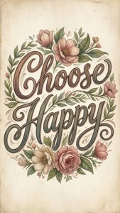 復古花卉設計，以優雅字體書寫「Choose Happy」，周圍環繞粉紅玫瑰和綠葉。